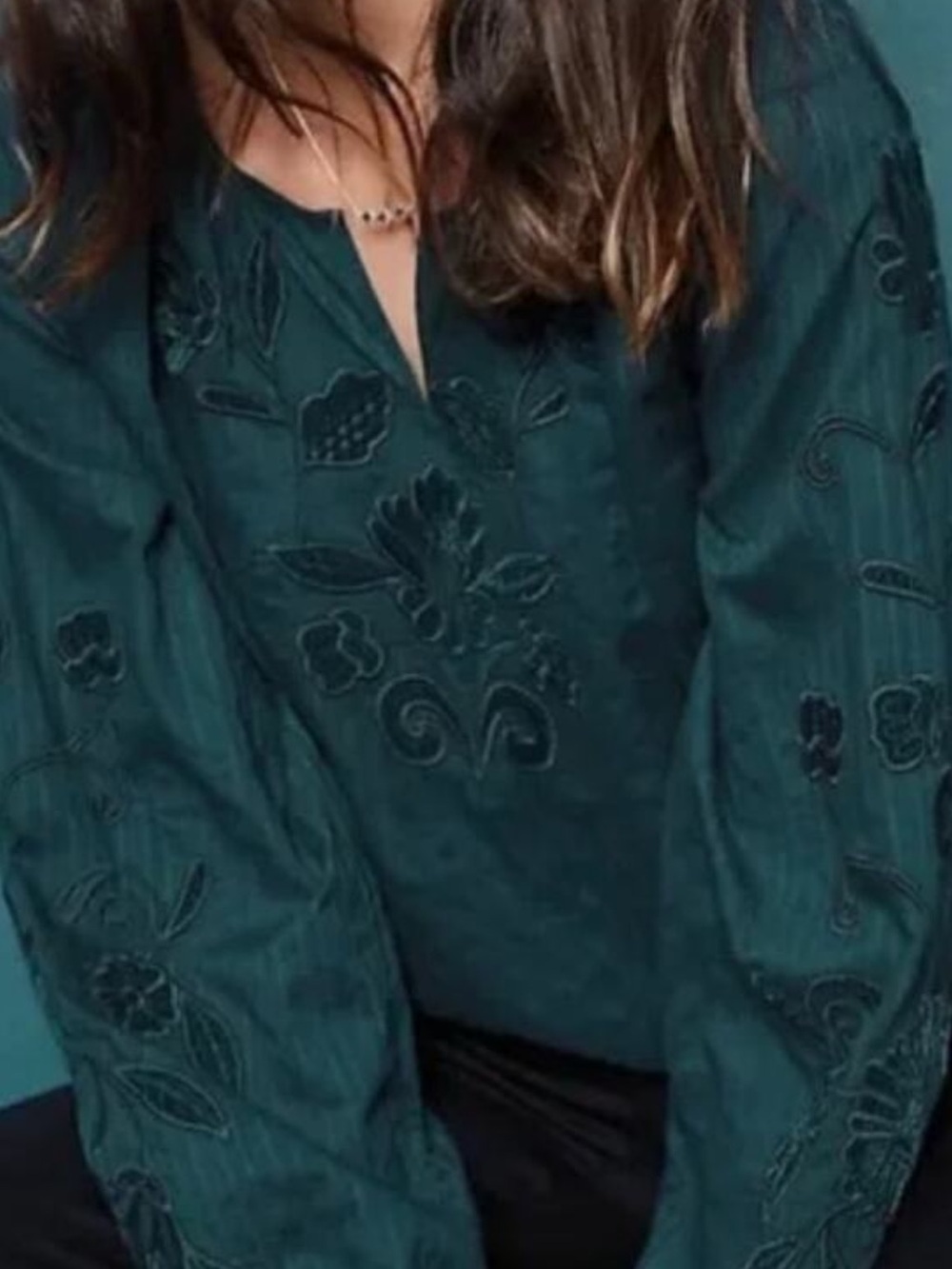 J Jill Emerald Green Velvet Floral Print Cotton Blouse SZ L
